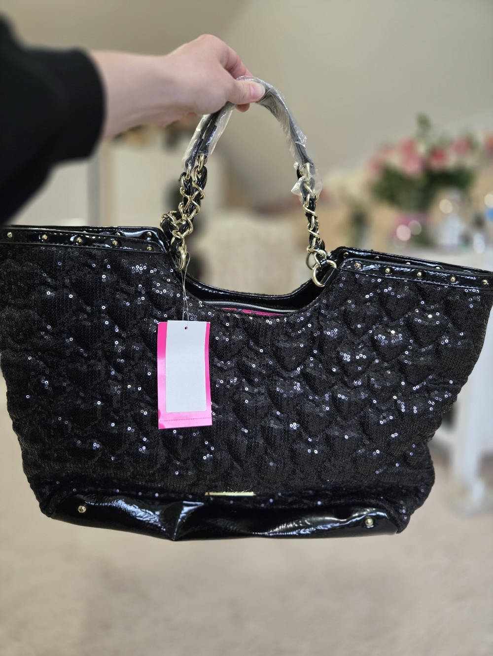 Betsey Johnson Black High Sequency Heart Quilted Tote With Chain Strap.